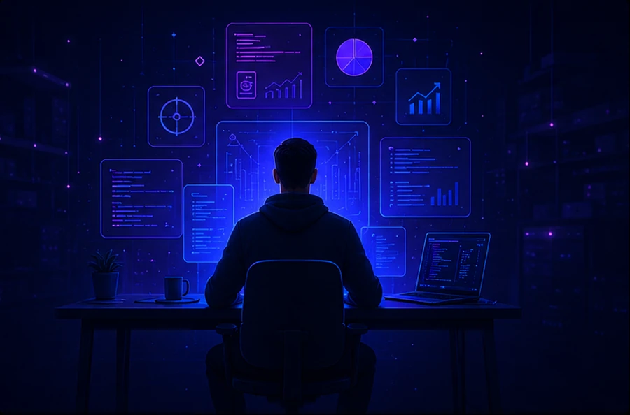 Futuristička ilustracija radnog prostora i digitalnog grada